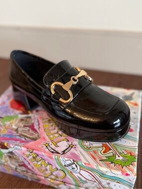 Jeffrey Campbell Black Patent leather Loafers with Gold Bit Hardware
